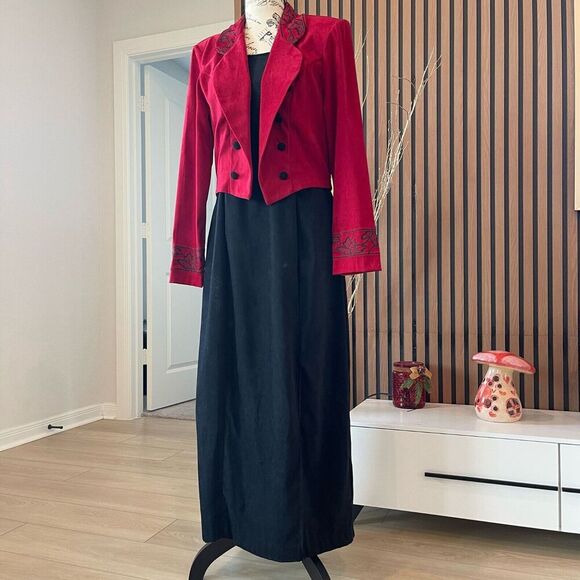 VTG Worthington‎ 12 Black Long Dress Red Jacket Set Elegant Classic Formal - Picture 1 of 16